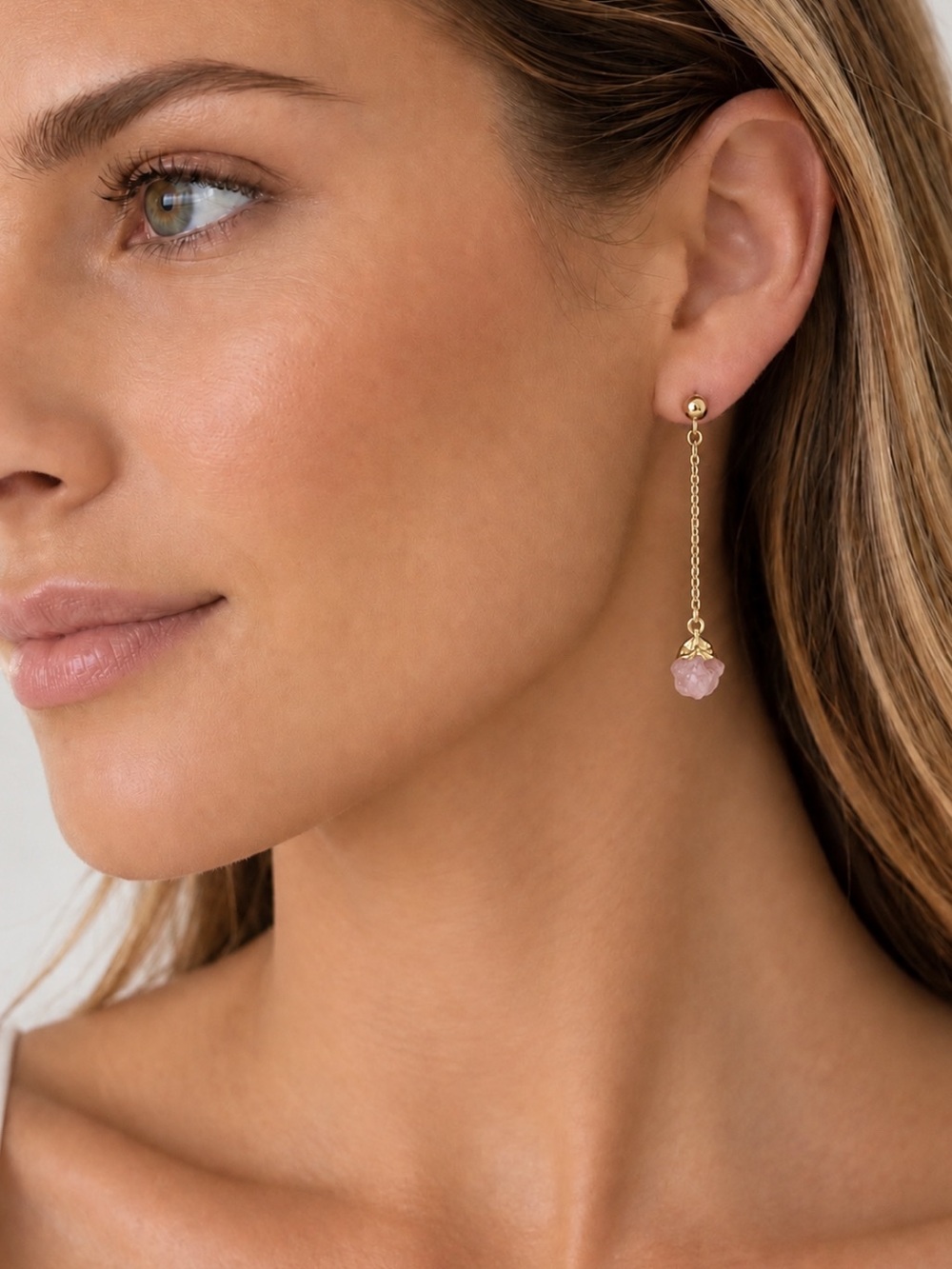 18K Gold Plated Rose Quartz Charm Chain Stud Earrings